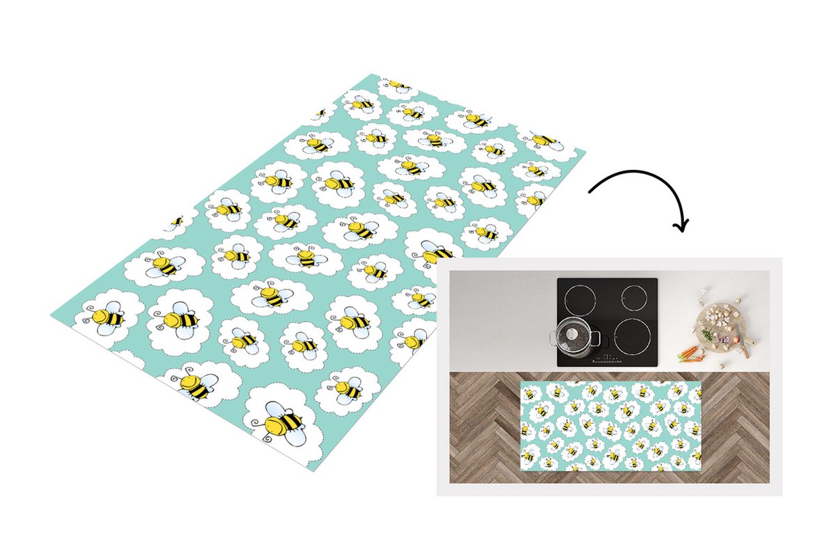 KitchenYeah Keukenloper - Loper keuken - Bij - Insecten - Patroon - Groen - 120x60 cm - Keukenloper vinyl Multicolor