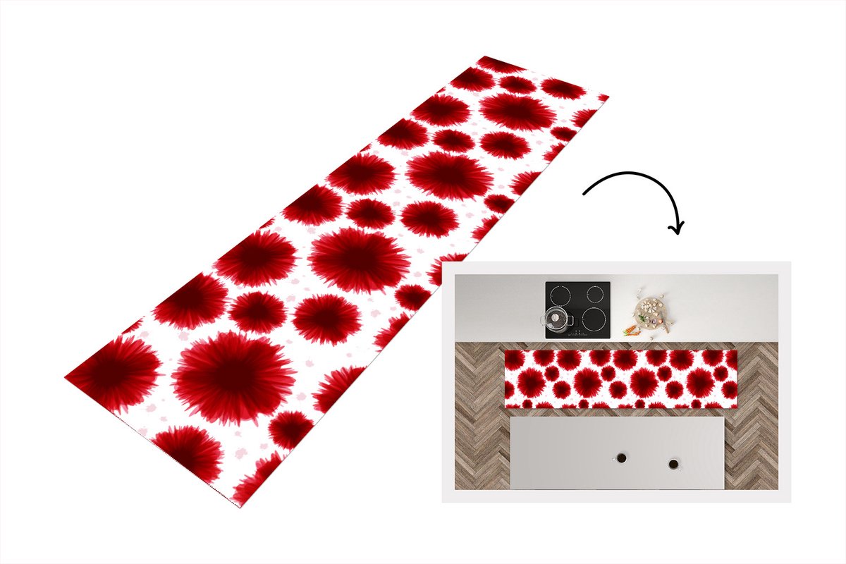 KitchenYeah Keukenloper - Loper keuken - Aquarelverf - Rood - Bloemen - 200x50 cm - Keukenloper vinyl Multicolor