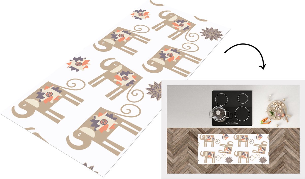 KitchenYeah Keukenloper - Loper keuken - Bloemen - Olifant - Patroon - 120x50 cm - Keukenloper vinyl Multicolor