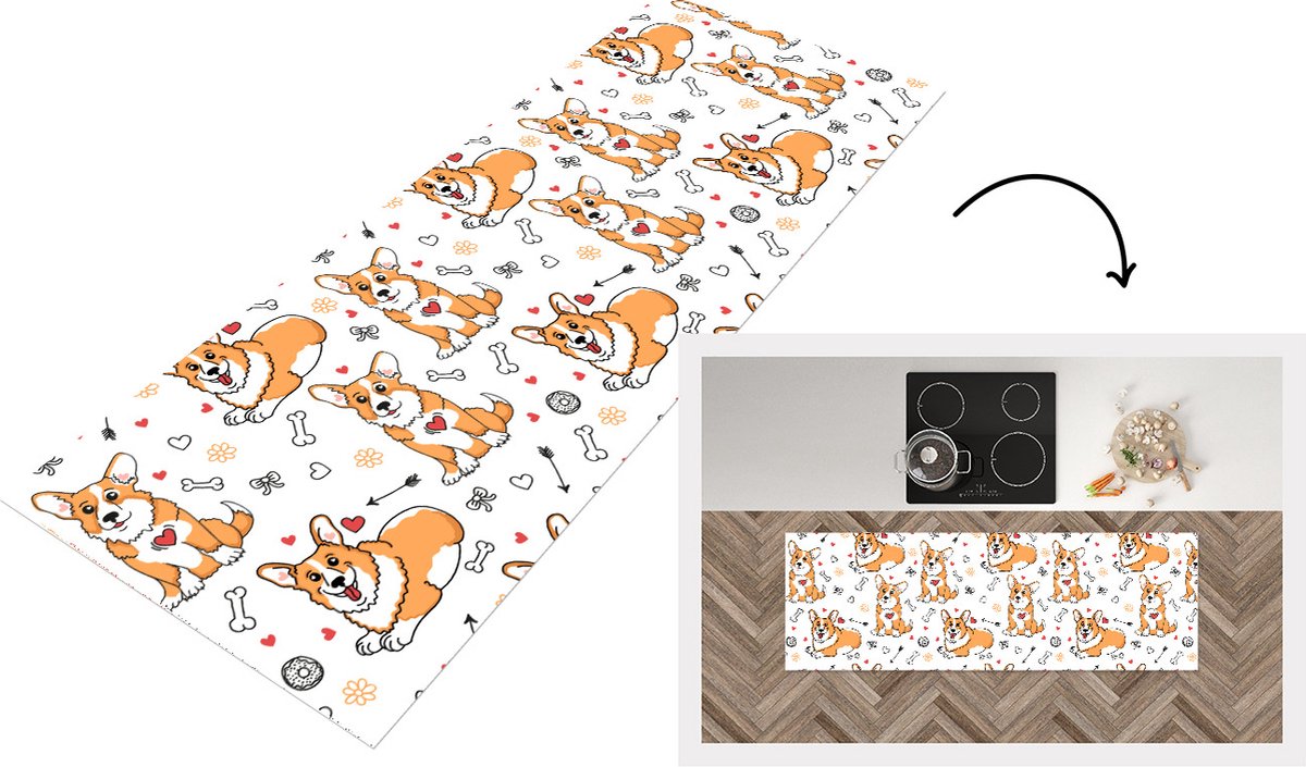 KitchenYeah Keukenloper - Loper keuken - Hond - Corgi - Patronen - 180x60 cm - Keukenloper vinyl Multicolor