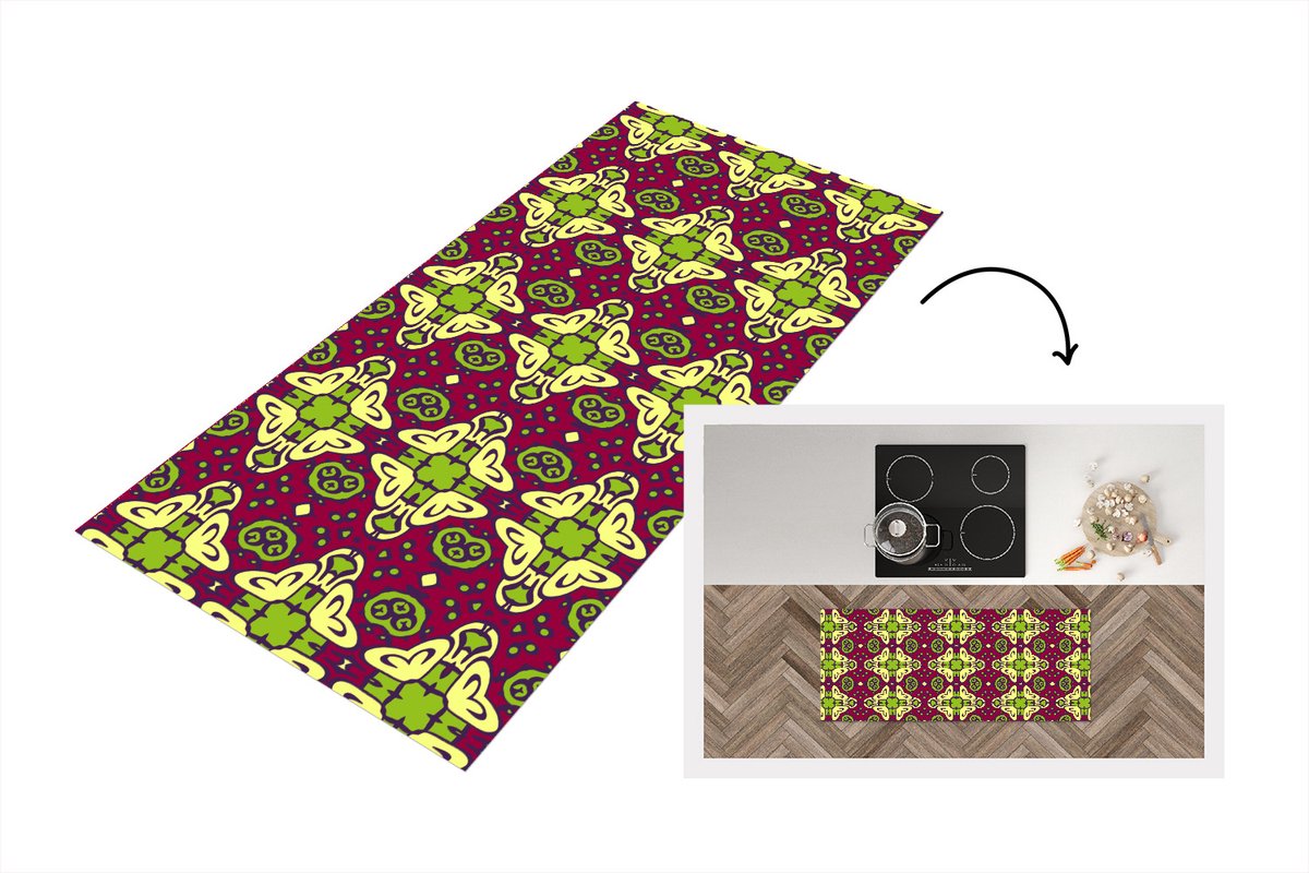 KitchenYeah Keukenloper - Loper keuken - Patroon - Versiering - Groen - 120x50 cm - Keukenloper vinyl Multicolor
