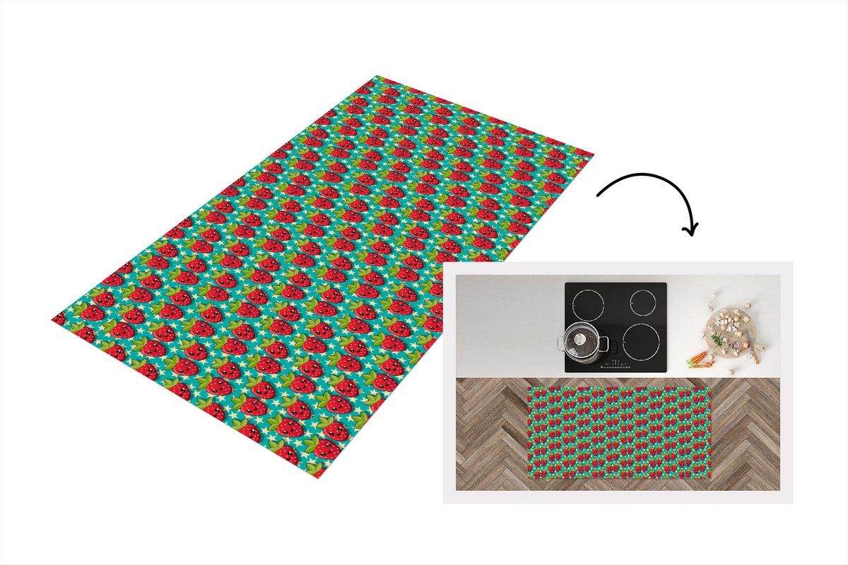 KitchenYeah Keukenloper - Loper keuken - Aardbeien - Kinderen - Fruit - Vegan - Design - 120x60 cm - Keukenloper vinyl Multicolor