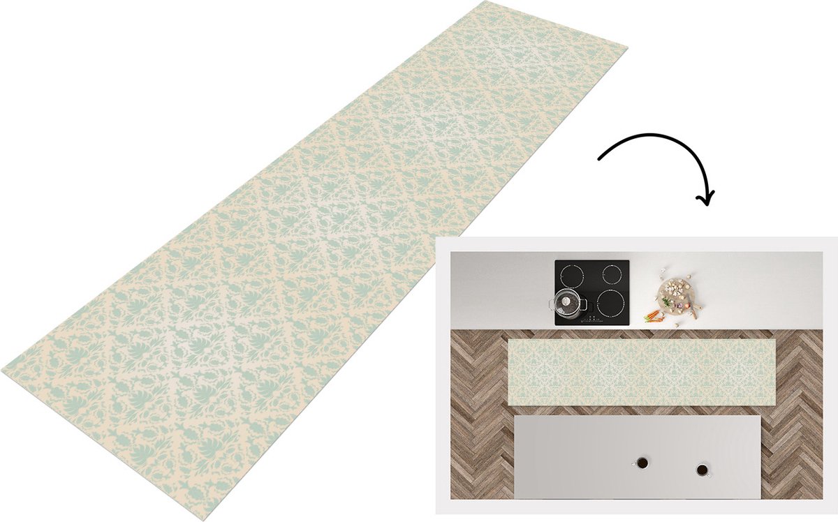 KitchenYeah Keukenloper - Loper keuken - Damast - Vintage - Pastel - Design - 200x50 cm - Keukenloper vinyl Multicolor