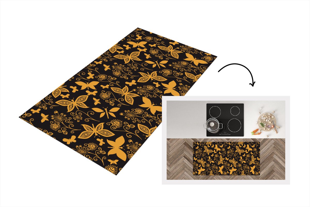 KitchenYeah Keukenloper - Loper keuken - Bloemen - Vlinder - Goud - Patroon - 120x60 cm - Keukenloper vinyl Multicolor