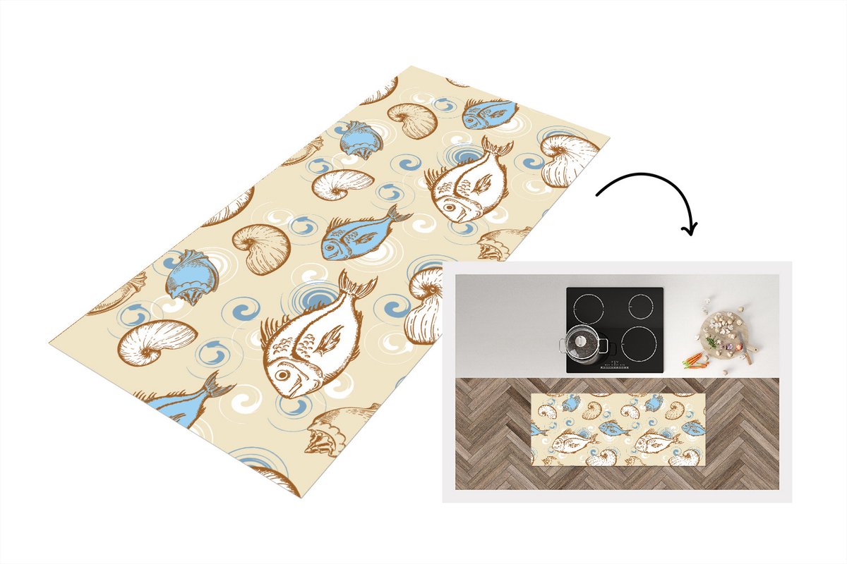 KitchenYeah Keukenloper - Loper keuken - Vis - Schelpen - Pastel - Design - Vintage - 120x50 cm - Keukenloper vinyl Multicolor