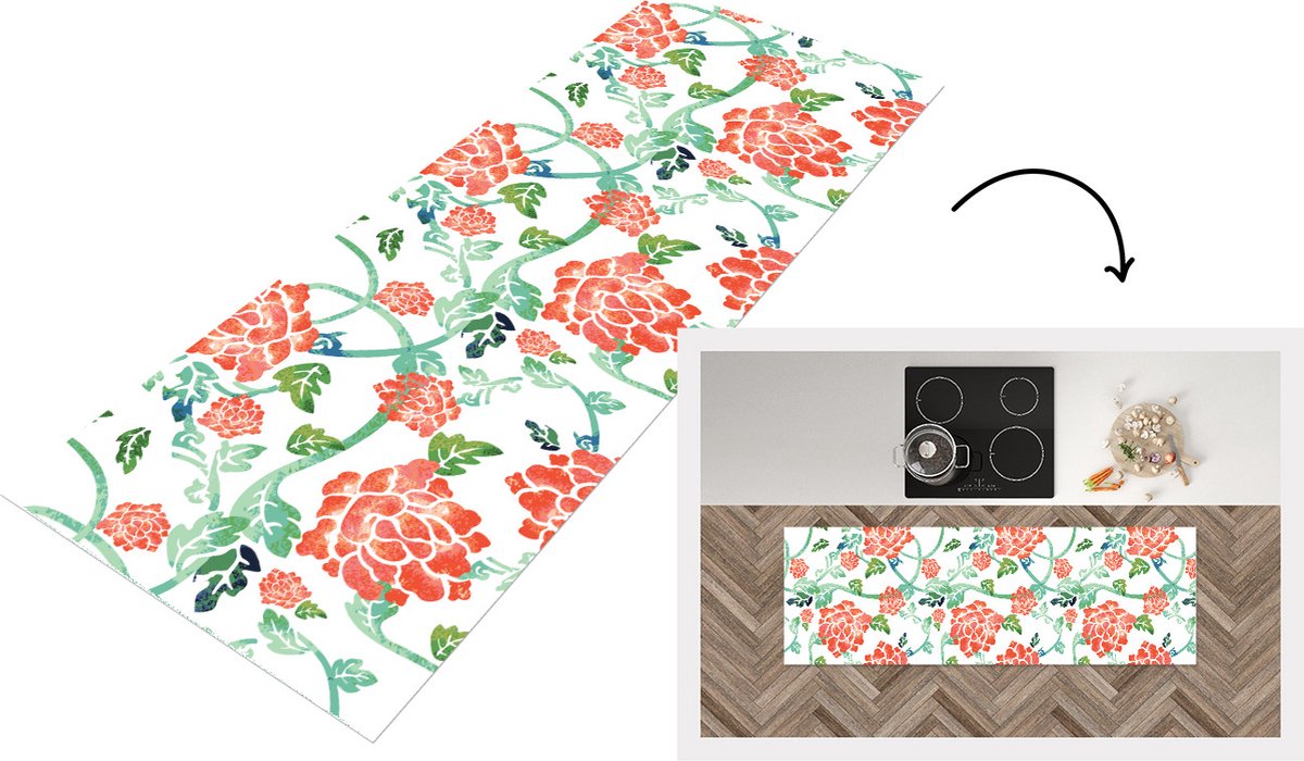 KitchenYeah Keukenloper - Loper keuken - Bloemen - Bladeren - Patronen - Waterverf - 180x60 cm - Keukenloper vinyl Multicolor