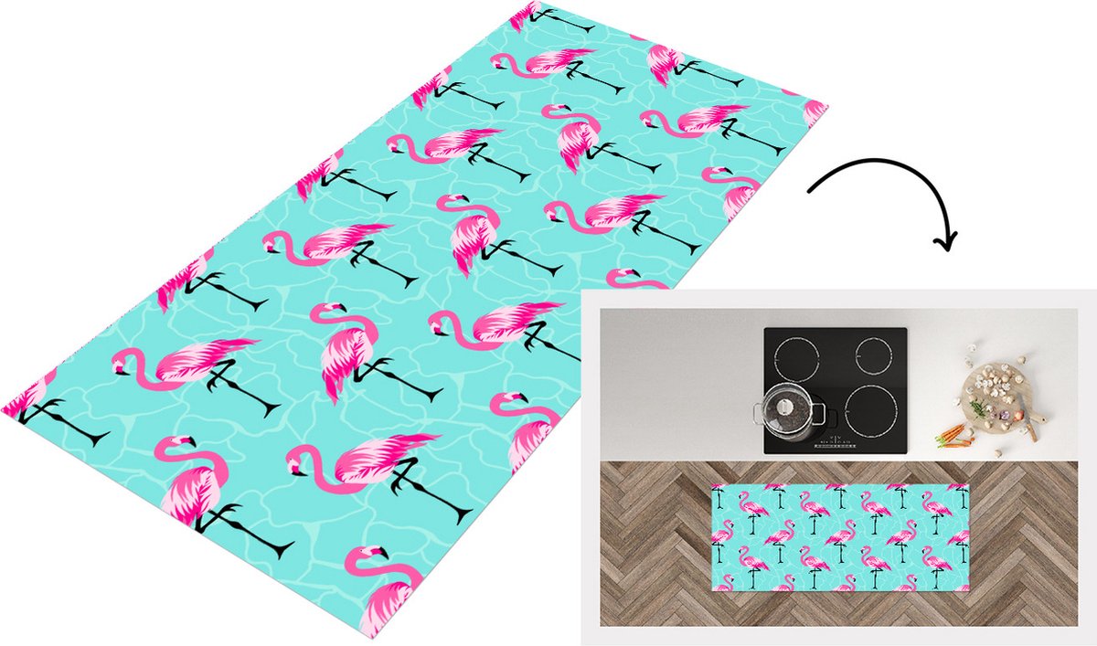 KitchenYeah Keukenloper - Loper keuken - Flamingo - Roze - Patroon - 120x50 cm - Keukenloper vinyl Multicolor
