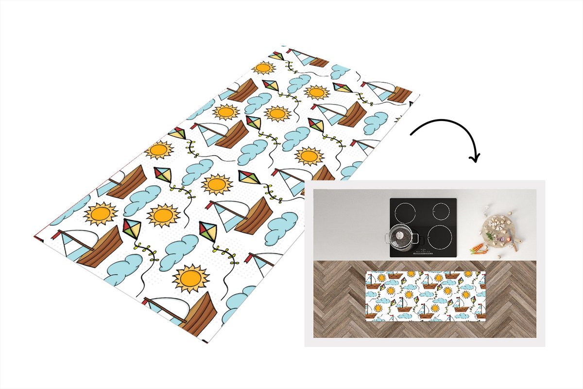 KitchenYeah Keukenloper - Loper keuken - Vlieger - Zomer - Boot - Patroon - 120x50 cm - Keukenloper vinyl Multicolor