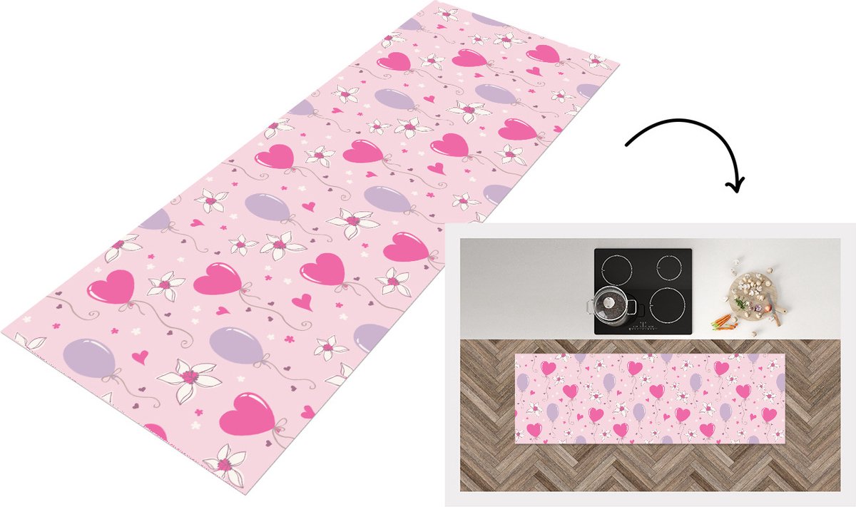 KitchenYeah Keukenloper - Loper keuken - Ballon - Patronen - Roze - 180x60 cm - Keukenloper vinyl Multicolor