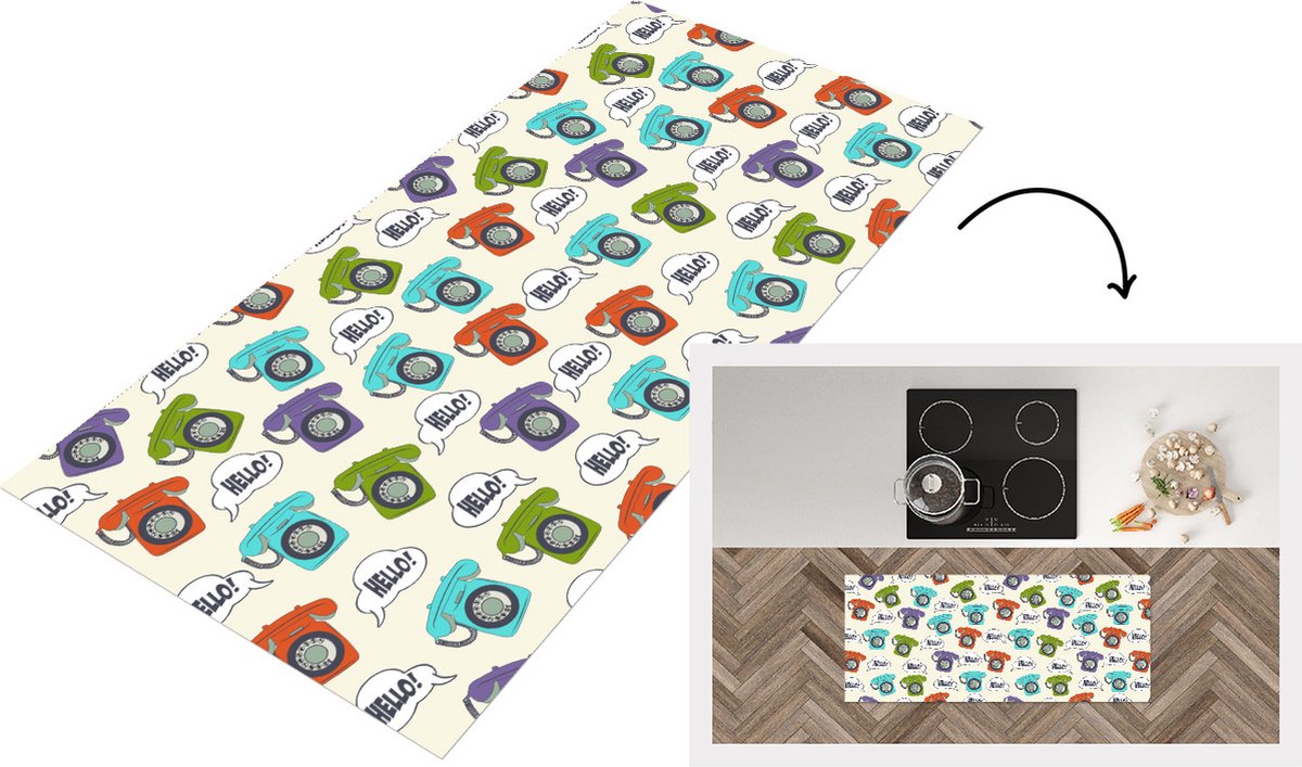 KitchenYeah Keukenloper - Loper keuken - Retro - Telefoon - Design - 120x50 cm - Keukenloper vinyl Multicolor