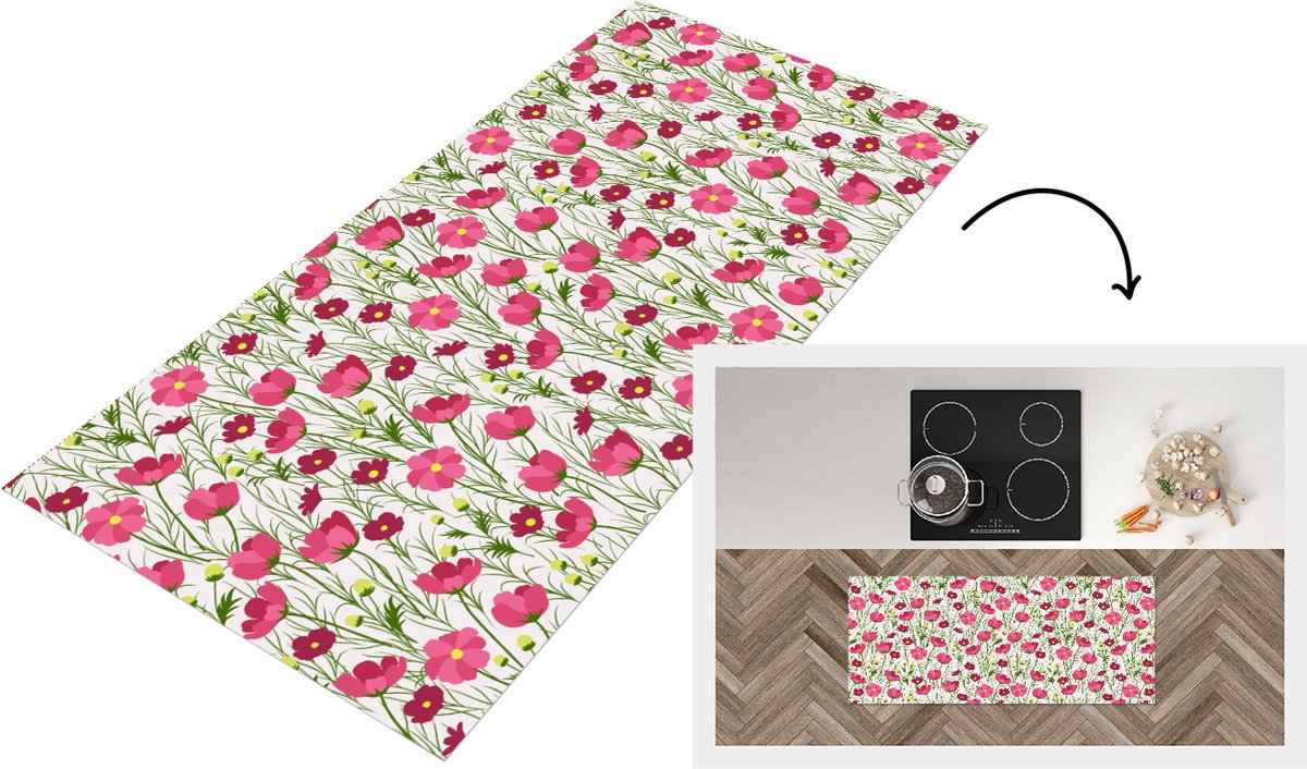 KitchenYeah Keukenloper - Loper keuken - Bloemen - Patronen - Gras - Klaproos - 120x50 cm - Keukenloper vinyl Multicolor