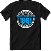 1981 Limited Edition | Feest Kado T-Shirt Heren - Dames | Wit - Blauw | Perfect Verjaardag Cadeau Shirt | Grappige Spreuken - Zinnen - Teksten | Maat M