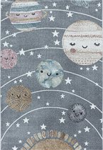 Tapis pour enfants à poil ras Motif de Espace Soleil Lune Planètes Gris