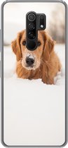 Geschikt voor Xiaomi Redmi 9 hoesje - Hond - Sneeuw - Winter - Siliconen Telefoonhoesje