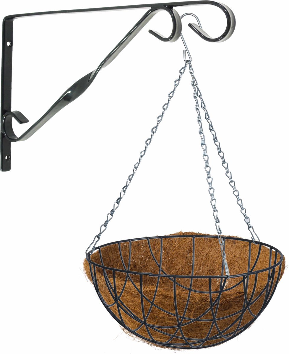 Hanging basket donkergroen 40 cm met klassieke muurhaak donkergrijs en kokos inlegvel - metaal - complete hangmand set