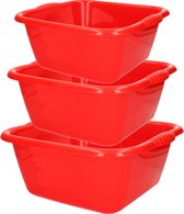 Voordeelset multifunctionele kunststof vierkante teiltjes rood in 3-formaten - 10-15-20 liter inhoud