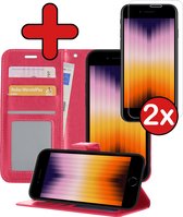 iPhone SE 2022 Hoesje Book Case Hoes Portemonnee Cover Met 2x Screenprotector - iPhone SE 2022 Case Hoesje Wallet Case - Donker Roze