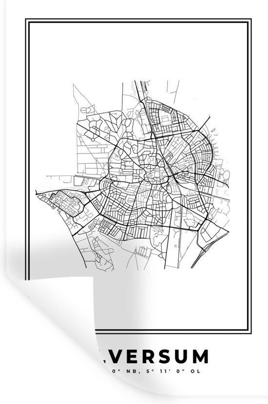 Stickers muraux - Plan de la ville - Zwart Wit - Carte - Hilversum - Pays- Nederland - Carte - 60x90 cm - Feuille adhésive
