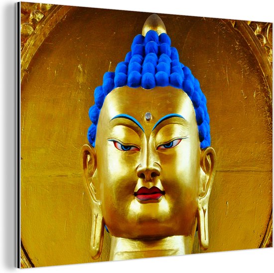 Wanddecoratie Metaal - Aluminium Schilderij - Goud met blauw Boeddha beeld