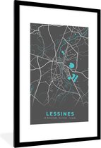 Fotolijst incl. Poster - België – Lessines – Stadskaart – Kaart – Blauw – Plattegrond - 60x90 cm - Posterlijst