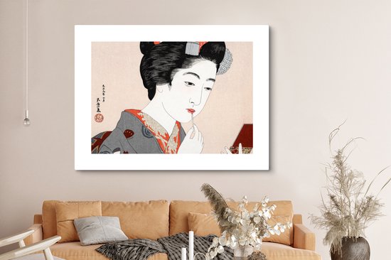 Canvas schilderij 160x120 cm - Wanddecoratie Vintage - Japans - Vrouw - Make up - Muurdecoratie woonkamer - Slaapkamer decoratie - Kamer accessoires - Schilderijen op canvas