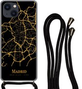 Telefoonkoord - Telefoonketting - Hoesje met koord Geschikt voor iPhone 13 Mini - Madrid - Kaart - Goud - Siliconen - Crossbody - Telefoonhoesje met koord