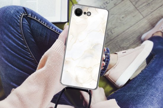 Coque avec cordon iPhone SE 2020 - Imprimé marbré - Wit - Jaune - Siliconen - Bandoulière - Coque arrière avec cordon - Coque pour téléphone avec cordon - Coque avec corde