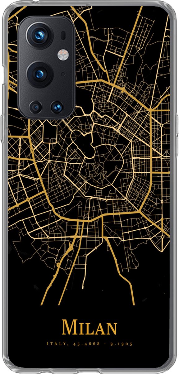 Telefoonhoesje Geschikt voor OnePlus 9 Pro hoesje - Milaan - Kaart - Goud - Siliconen Telefoonhoesje Telefoonhoesje