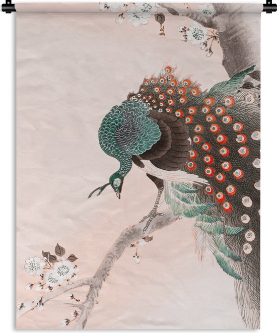 Wandkleed - Wanddoek - Vintage - Pauw - Japans - Pauwenveren - 120x160 cm -  Wandtapijt | bol