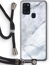 Case Company® - Samsung Galaxy A21s hoesje met Koord - Witte marmer - Telefoonhoesje met Zwart Koord - Bescherming aan alle Kanten en Over de Schermrand