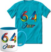 64 Jaar Vrolijke Verjaadag T-shirt met mok giftset Blauw | Verjaardag cadeau pakket set | Grappig feest shirt Heren – Dames – Unisex kleding | Koffie en thee mok | Maat M