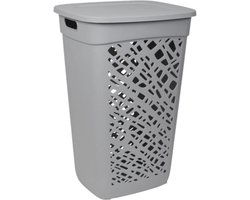 EDA Wasmand/wasbox met deksel - grijs - 60 liter - kunststof - L43 x B36 x H63 cm - Wasmanden/wasboxen