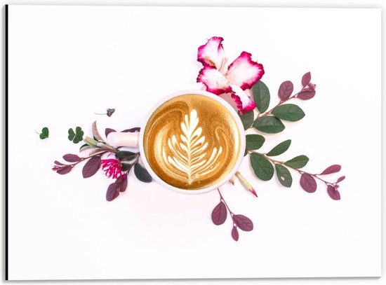 Dibond - Koffie met Bloemen en Bladeren  - 40x30cm Foto op Aluminium (Wanddecoratie van metaal)
