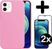 Hoes voor iPhone 12 Mini Hoesje Siliconen Case Met 2x Screenprotector Full Cover 3D Tempered Glass - Hoes voor iPhone 12 Mini Hoes Cover Met 2x 3D Screenprotector - Roze
