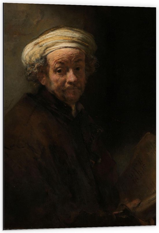 Dibond - Oude meesters - Zelfportret als de apostel Paulus, Rembrandt van Rijn - 60x90cm Foto op Aluminium (Wanddecoratie van metaal)