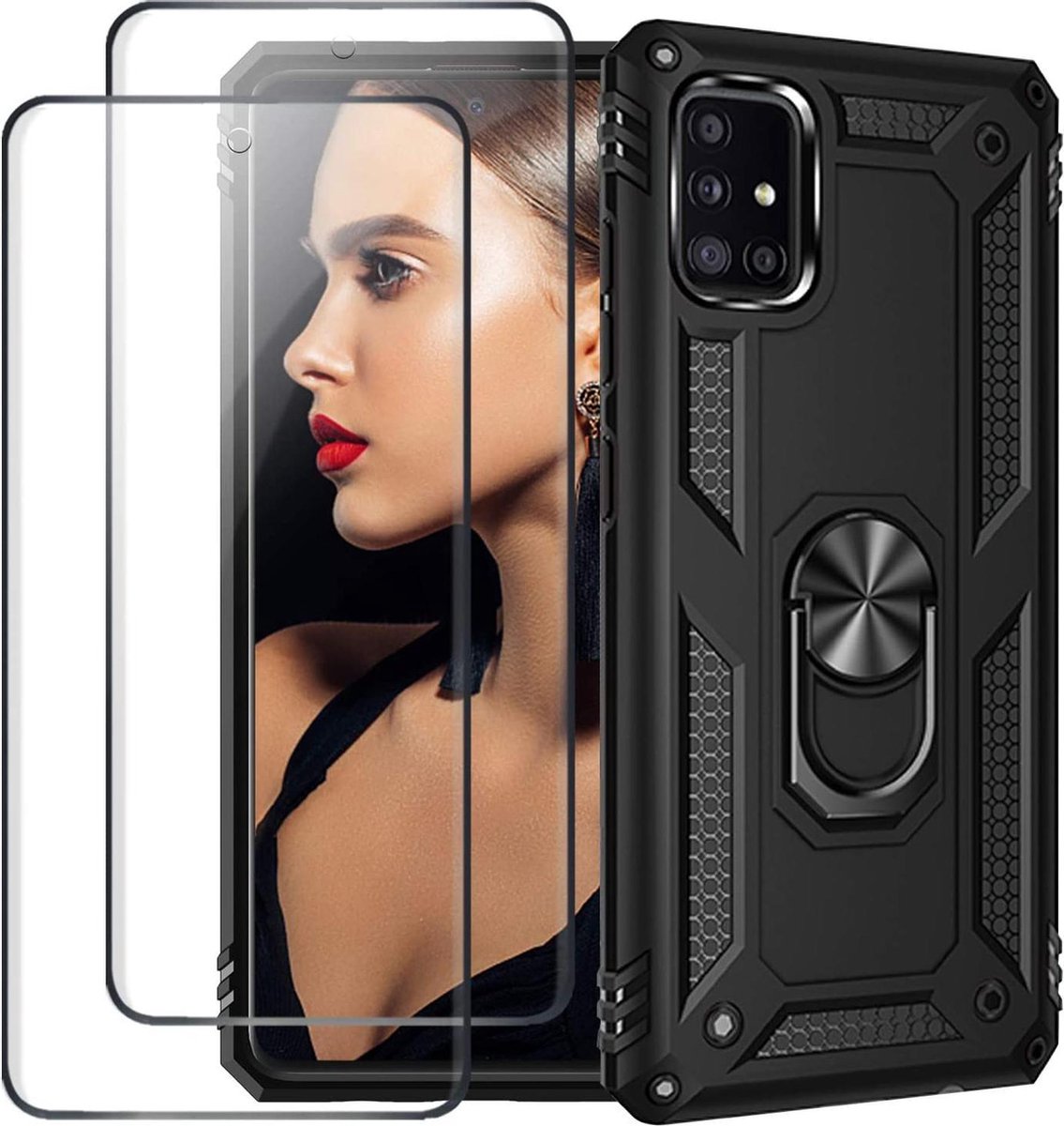 Samsung Galaxy A71 hoesje Schokbestendige ring armor met 2X volledige schermdekking Screenprotector zwart