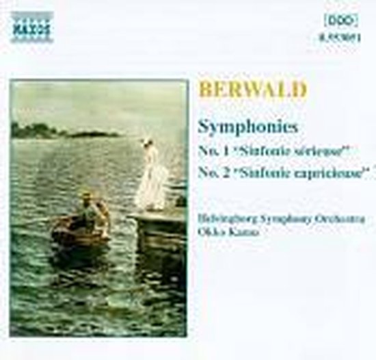 CD hoes: een schilderij van een man in een boot en een vrouw op een pier bij water. Tekst: Berwald, Symphonies 1 & 2, Helsingborg Symphony Orchestra, Okko Kamu.