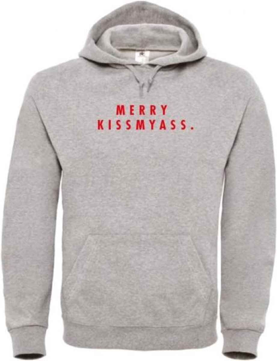 Foute kersttrui hoodie grijs L - Merry Kissmyass - Rood glitter - soBAD. | Kersttrui soBAD. | kerstsweaters volwassenen | kerst hoodie volwassenen | Kerst outfit | Foute kerst truien