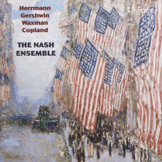 Albumhoes voor 'American Chamber Music' met schilderij van Amerikaanse vlaggen en parade.