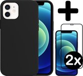 Hoesje Geschikt voor iPhone 12 Hoesje Siliconen Case Hoes Met 2x Screenprotector - Hoes Geschikt voor iPhone 12 Hoes Cover Case - Zwart