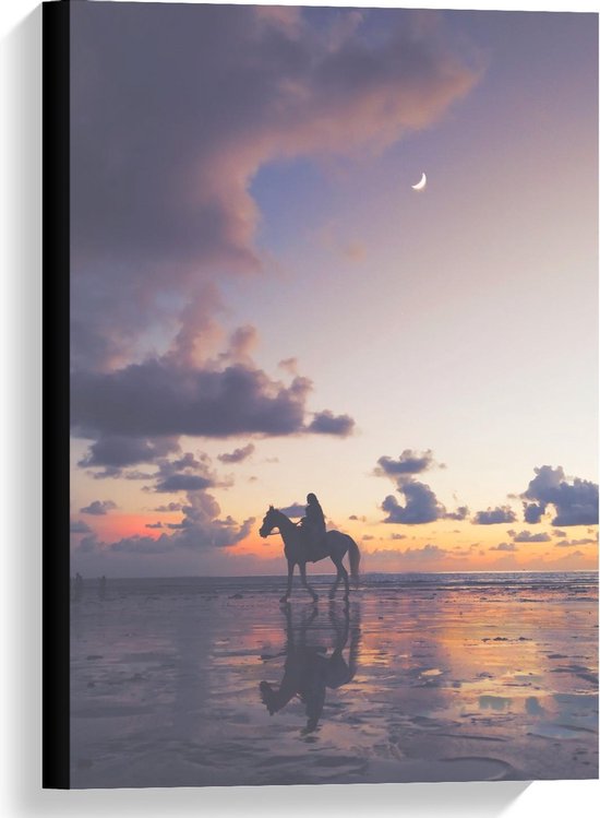 Canvas  - Paard aan Zee met Zonsondergang  - 40x60cm Foto op Canvas Schilderij (Wanddecoratie op Canvas)
