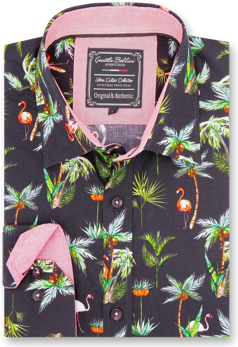 Heren Overhemd - Slim Fit - Flamingo Palm Tree - Zwart - Maat XL