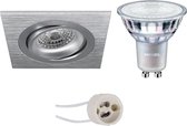 LED Spot Set - Pragmi Borny Pro - GU10 Fitting - Inbouw Vierkant - Mat Zilver - Kantelbaar - 92mm - Philips - MASTER 927 36D VLE - 3.7W - Warm Wit 2200K-2700K - DimTone Dimbaar