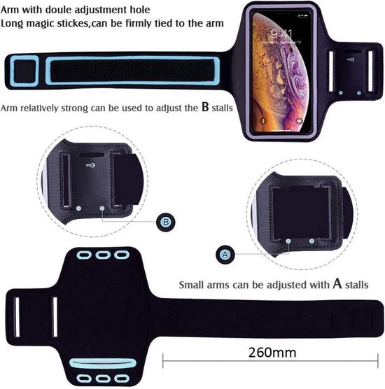Sport / Hardloop armband Geschikt Voor: iPhone XS / XR / X / 8 / 7 / 6S / 6 Samsung Galaxy S3 / S4 / S5 / S6 / S7 / S8 / S9 / S10 - Verstelbaar Draaibaar - Makkelijk met Oordopjes / Koptelefoon - Joggen , Fietsen , Sportschool etc. Zwart