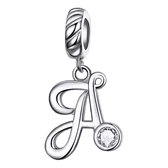 Tracelet - Zilveren bedels - Sierletter A bedel | Charm letter A Alfabetbedel | Met grote zirkonia | 925 Sterling Zilver - Pandora compatible - 925 Zilver Certificaat - In Leuke Ca