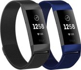 Milanees Smartwatch bandje - Geschikt voor  Fitbit Charge 3 Milanese banden - 2-pack - Zwart en Blauw - Maat: L - Horlogeband / Polsband / Armband