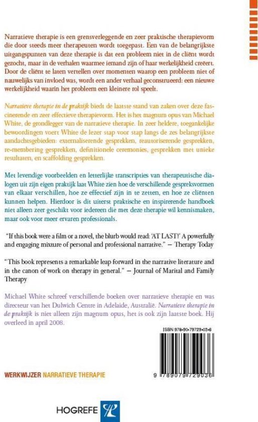 Achterkant van het boek 'Narratieve therapie in de praktijk' met een samenvatting en recensies.