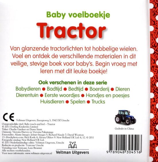 Baby voelboekje Tractor: een blauwe tractor met gele details, getekend in China.