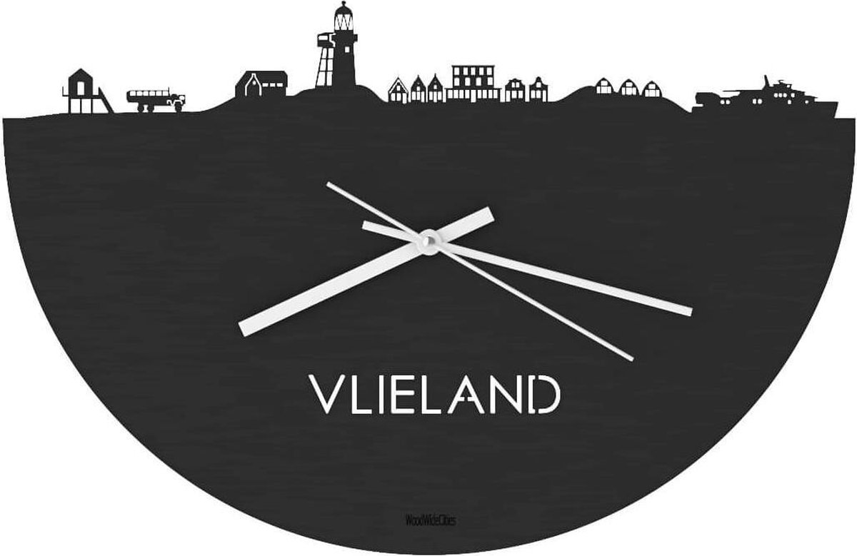 Skyline Klok Vlieland Zwart hout - Ø 40 cm - Stil uurwerk - Wanddecoratie - Meer steden beschikbaar - Woonkamer idee - Woondecoratie - City Art - Steden kunst - Cadeau voor hem - Cadeau voor haar - Jubileum - Trouwerij - Housewarming - WoodWideCities