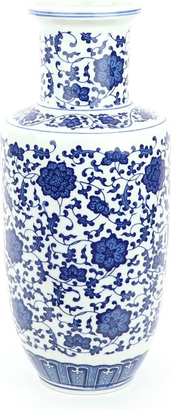 Fine Asianliving Vase Chinois en Porcelaine Peinte à la Main Blauw Lotus - Wit D17xH38cm